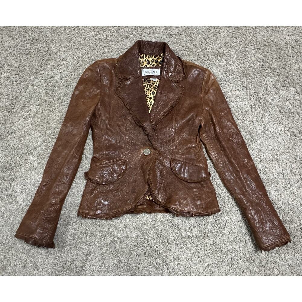 Vintage ZINI Brown Leather Blazer Jacket Leopard Lined Fleur De Lis Studded XS - Picture 2 of 11